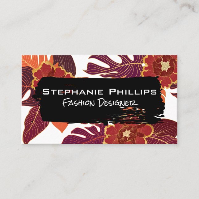 Black Brushed | Floral Pattern Design Business Card (Front)