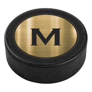 Black Brushed Gold Luxury Monogram Emblem Hockey Puck