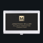 Black Brushed Gold Monogram Business Card Holder<br><div class="desc">Elevate your professional look with this stylish and practical business card case. Featuring a brushed monogram medallion with your name company and title in classic block typography, this case is a great way to keep your business cards organised and protected. The sleek black background adds a touch of sophistication, while...</div>