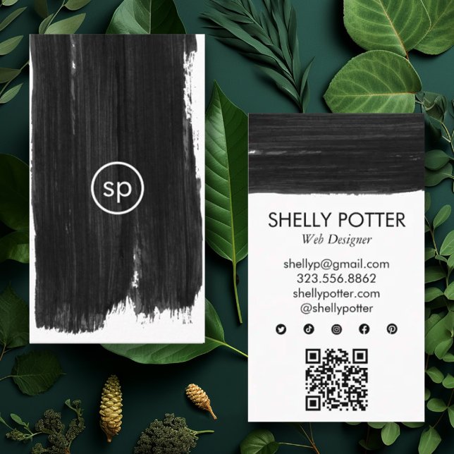Black Brushstroke Minimal Chic Modern QRCode Icons Business Card (Inky brushstrokes custom business card with social media icons and QR code.)