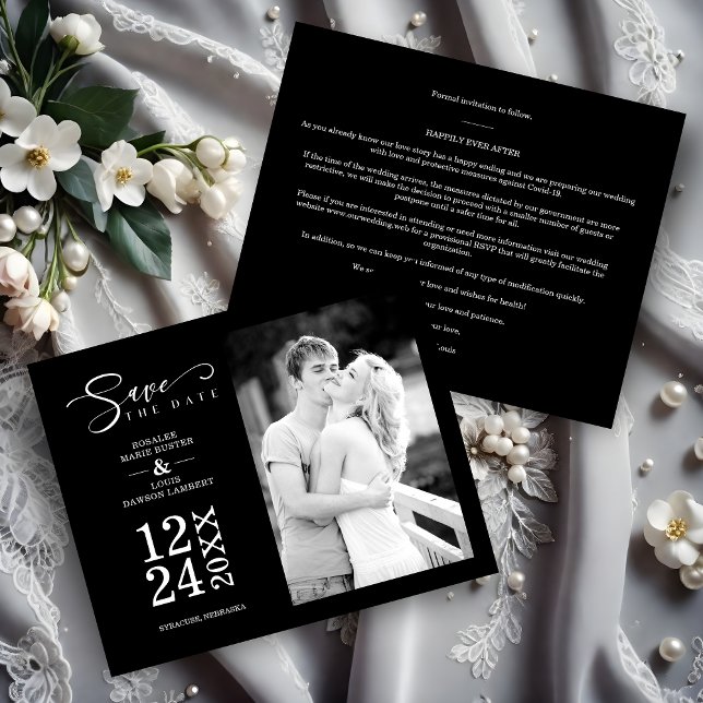 Black Budget Nice Modern Romantic Wedding Photo (Black Inexpensive Nice Modern Romantic Wedding Couple Photo Save the Date with Envelope. )