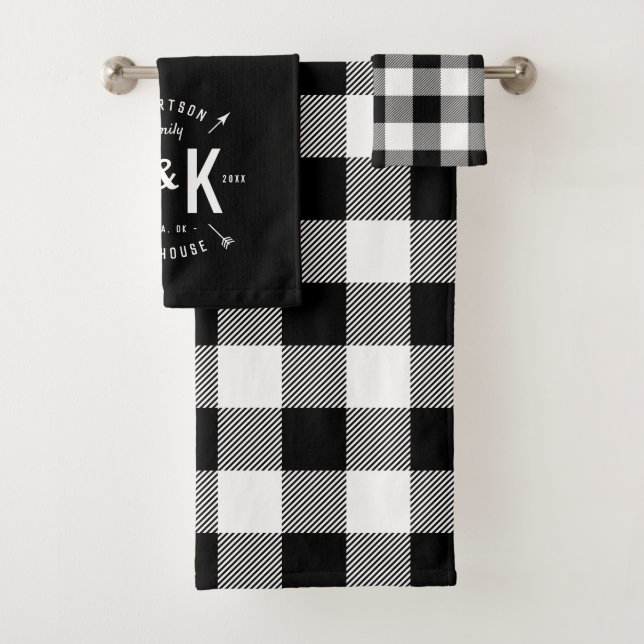 Black Buffalo Check and Farmhouse Arrow Monogram Bath Towel Set (Insitu)