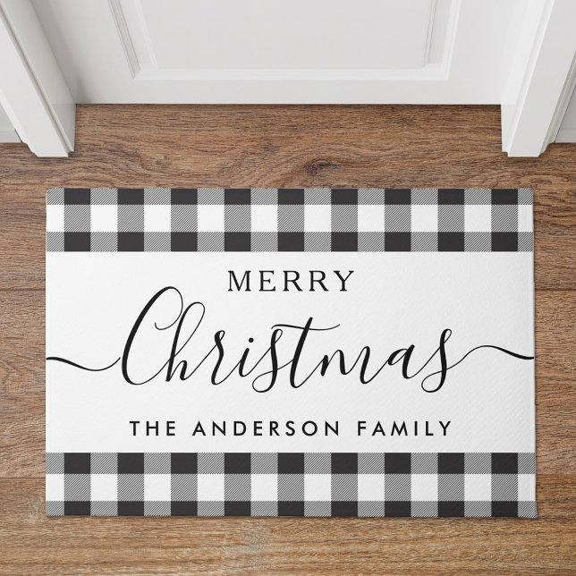 Black Buffalo Check Merry Christmas Family Name Doormat (Creator Uploaded)