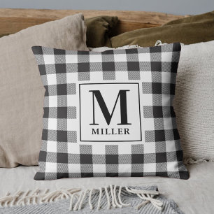 Black Buffalo Check Plaid Family Name Monogram Cushion