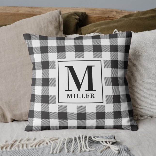 Black Buffalo Check Plaid Family Name Monogram Cushion (Creator Uploaded)