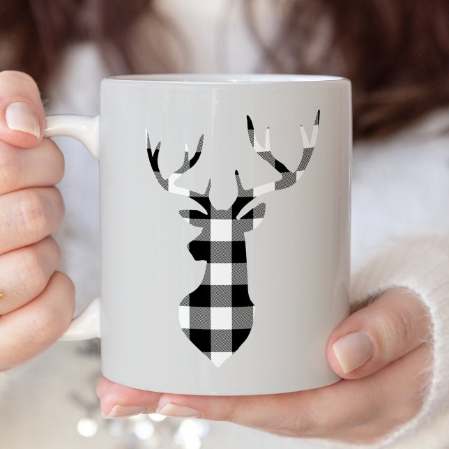 Black Buffalo Plaid Christmas Deer Silhouette Two-Tone Coffee Mug (Creator Uploaded)
