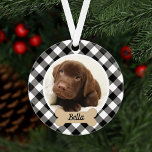 Black Buffalo Plaid Custom Puppy Dog Photo Ornament<br><div class="desc">Feature your favourite pets on your Christmas tree! This festive ornament features a favourite photo of your dog (or other pet) with a tan dog bone name plate that can be personalised with a name and a stylish black and white buffalo check plaid patterned background. Tip: crop your photo to...</div>