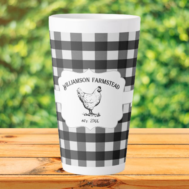 Black Buffalo Plaid Farm Chicken Latte Mug (Black Buffalo Plaid Farm Chicken Personalized Latte Mug)