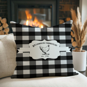 Black Buffalo Plaid Farm Chicken Throw Pillow