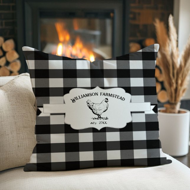 Black Buffalo Plaid Farm Chicken Throw Pillow (Black Buffalo Plaid Farm Chicken Throw Pillow)