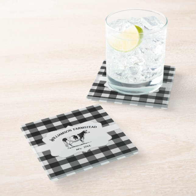 Black Buffalo Plaid Farm Cow Glass Coaster (Angled)
