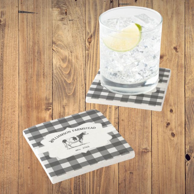 Black Buffalo Plaid Farm Cow Stone Coaster (Black Buffalo Plaid Farm Cow Stone Coasters)