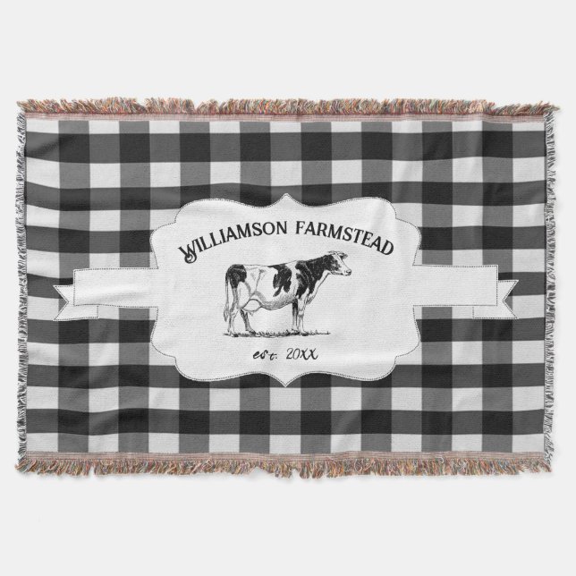 Black Buffalo Plaid Farm Cow Throw Blanket (Front)