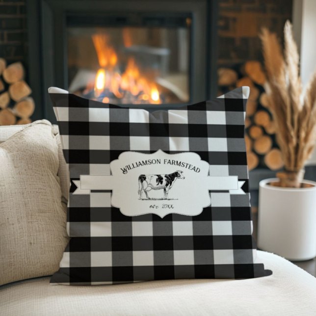 Black Buffalo Plaid Farm Cow Throw Pillow (Black Buffalo Plaid Farm Cow Throw Pillow)