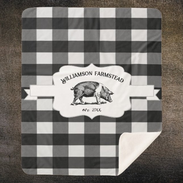 Black Buffalo Plaid Farm Pig Sherpa Blanket (Black Buffalo Plaid Farm Pig Personalized Sherpa Blanket)