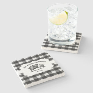 Black Buffalo Plaid Farm Pig Stone Coaster