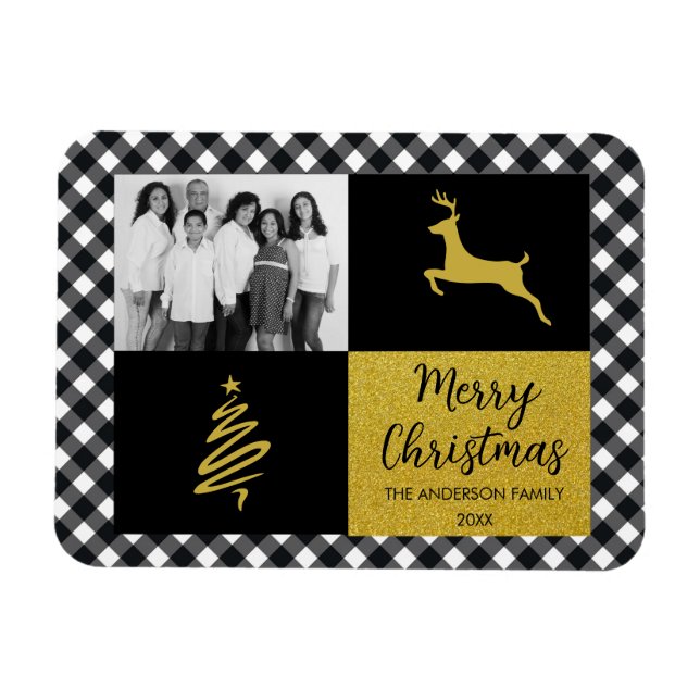 Black Buffalo Plaid Gold Christmas Family Photo Magnet (Horizontal)