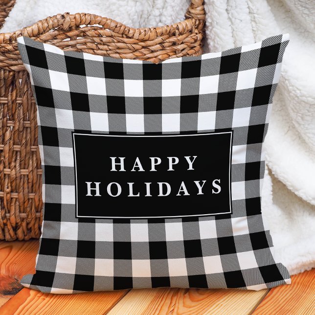 Black Buffalo Plaid Happy Holidays Christmas Cushion (Creator Uploaded)