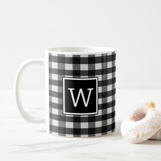 Black Buffalo Plaid Monogram Mug (With Donut)