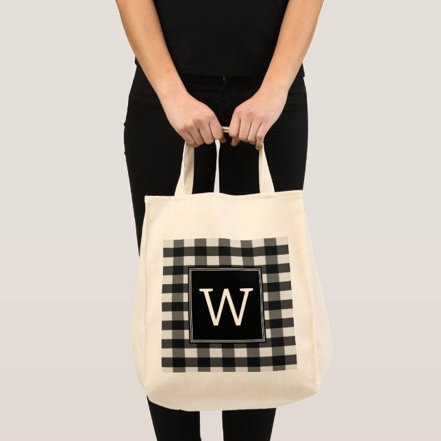 Black Buffalo Plaid Monogram Tote Bag (Front (Product))