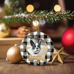 Black Buffalo Plaid Pattern Gold Bow Family Photo Ceramic Tree Decoration<br><div class="desc">Add a cosy and warm charm to your Christmas tree with our family photo ornament featuring a cosy and warm black buffalo plaid pattern background. Circle photo frame with a festive faux gold bow. Customise with your family signature & family photo. Designed by Moodthology Papery</div>