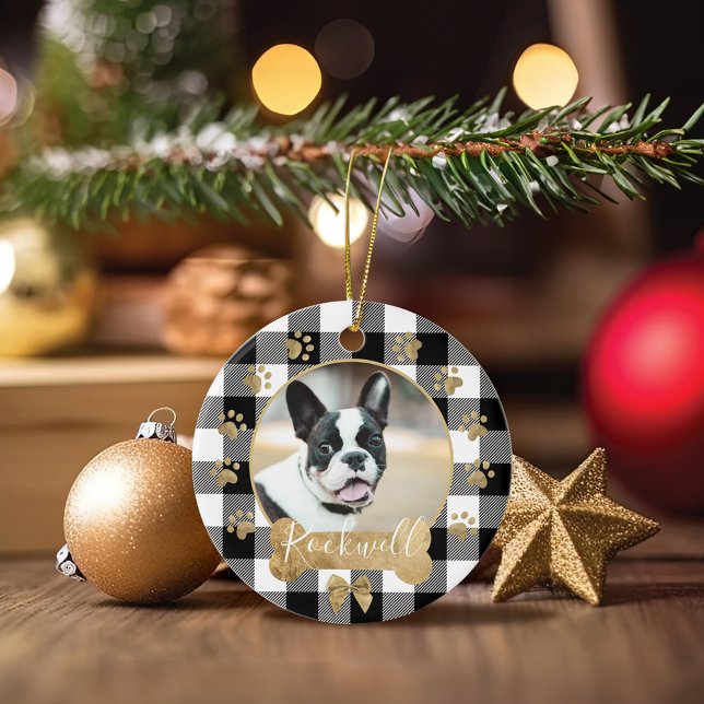 Black Buffalo Plaid Pattern Gold Bow Family Photo Ceramic Tree Decoration (Black Buffalo Plaid Pattern Gold Bow Family Photo Ceramic Ornament)