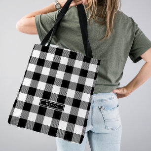 Black Buffalo Plaid Pattern Monogrammed Bridesmaid Tote Bag