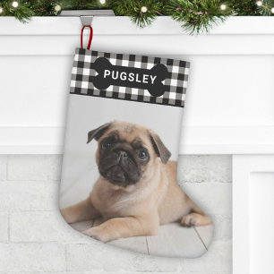 Black Buffalo Plaid Pet Dog Bone Monogram Photo Small Christmas Stocking
