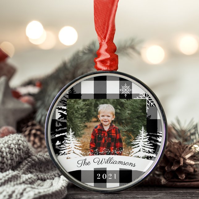 Black Buffalo Plaid Rustic Pine Tree Family Photo Metal Tree Decoration (Black Buffalo Plaid Rustic Pine Tree Family Photo Metal Ornament)