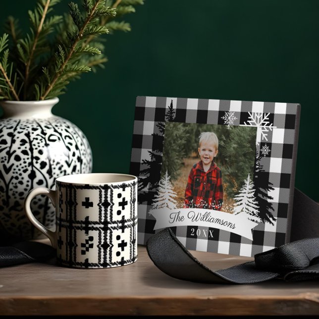 Black Buffalo Plaid Rustic Pine Tree Family Photo  Plaque (Black Buffalo Plaid Rustic Pine Tree Family Photo Plaque)