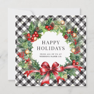 Black Buffalo Plaid Stars Holly Berries Business Holiday Card