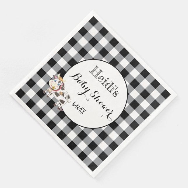 Black Buffalo Plaid with Cartoon Cow Paper Napkins (Corner)