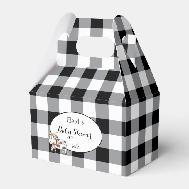 Black Buffalo Plaid with Cute Cow | Baby Shower Favour Box (Front Side)