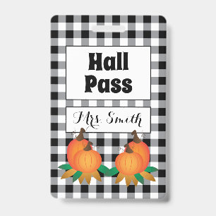 Black Buffalo Plaid with Pumpkins Hall Pass Badge ID Badge