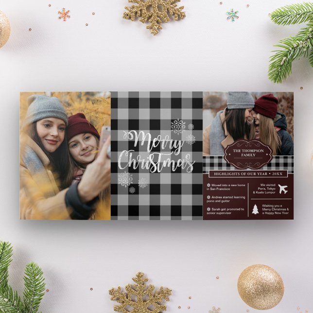 Black Buffalo Plaid Year in Review Christmas Photo Tri-Fold Holiday Card (Creator Uploaded)