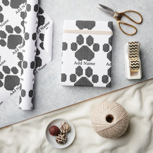 Black Building Blocks Dog Paw Print Custom Name Wrapping Paper (Crafts)