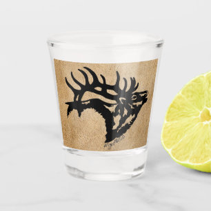 Black Bull Elk On Tan Leather Shot Glass