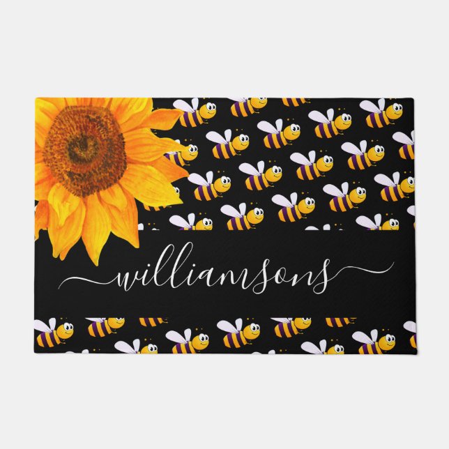 Black bumble bees sunflower monogram script doormat (Front)