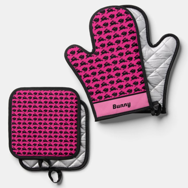 Black Bunnies on Pink Personalised Oven Mitt & Pot Holder Set (Front/Back)