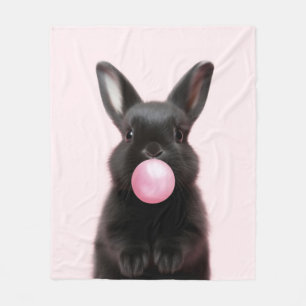 Black Bunny Blowing Pink Bubble Gum Cute Playful Fleece Blanket