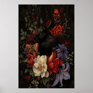 Black Bunny Botanical Rabbit Wall Art, Dark Poster