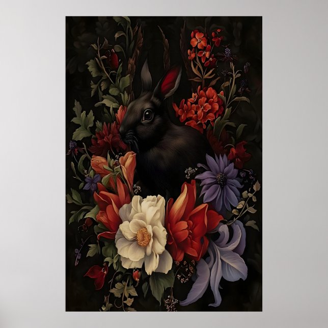 Black Bunny Botanical Rabbit Wall Art, Dark Poster (Front)