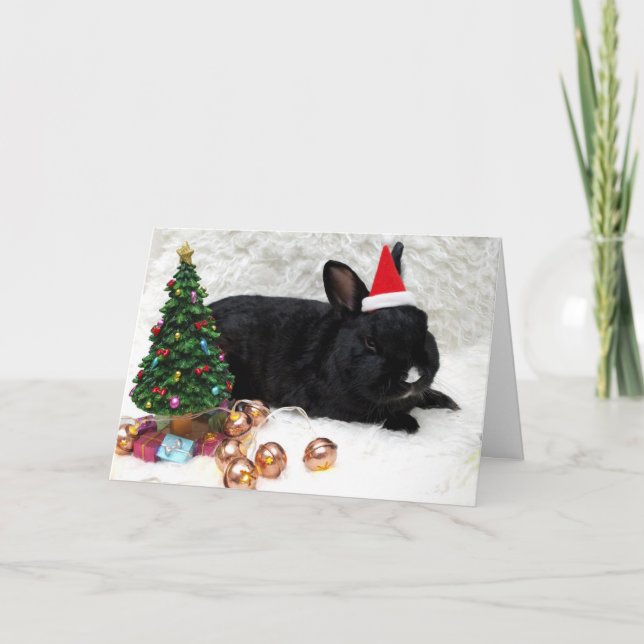 Black Bunny Red Hat Christmas Card (Front)