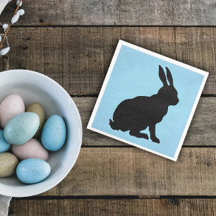 Black Bunny Silhouette Form Tall Ears on Blue Napkin