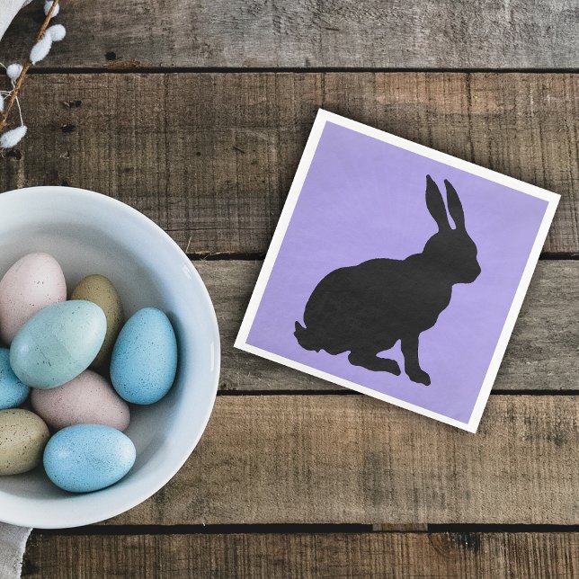 Black Bunny Silhouette Form Tall Ears on purple Napkin (sitting black silhouette bunny rabbit on purple paper napkin for spring or Easter.)