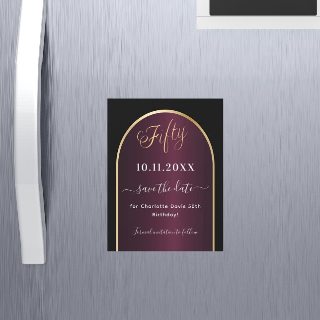 Black burgundy 50th birthday Save the Date magnet (Creator Uploaded)