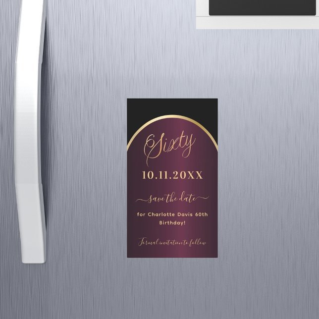 Black burgundy 60th birthday Save the Date magnet (Creator Uploaded)