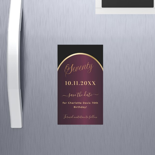 Black burgundy 70th birthday Save the Date magnet (Creator Uploaded)