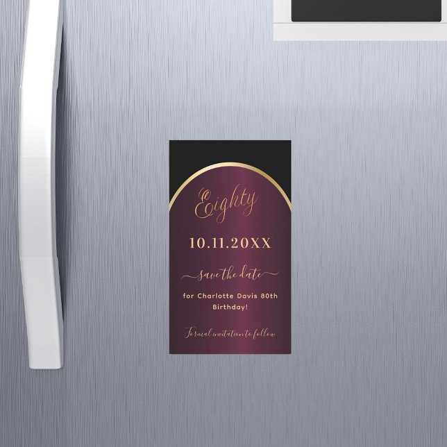 Black burgundy 80th birthday Save the Date magnet (Creator Uploaded)