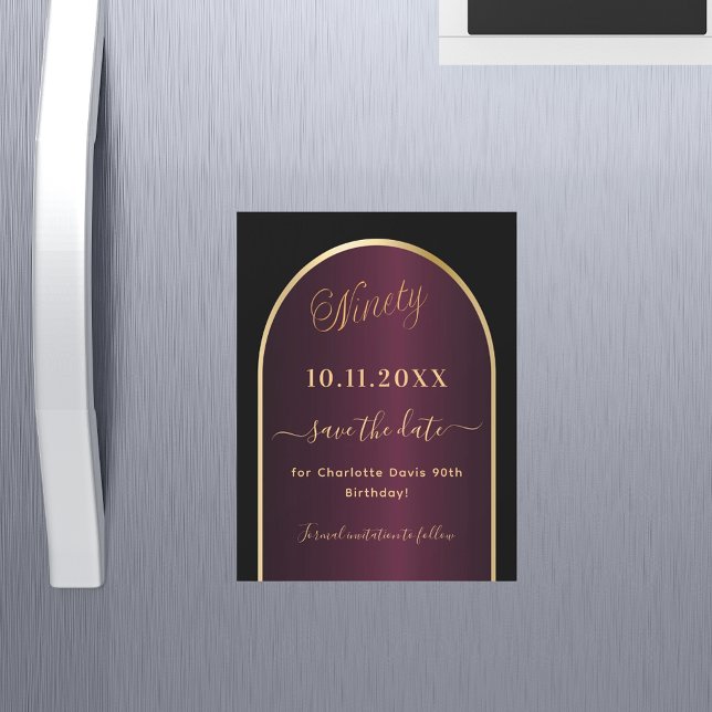 Black burgundy 90th birthday Save the Date magnet (Creator Uploaded)